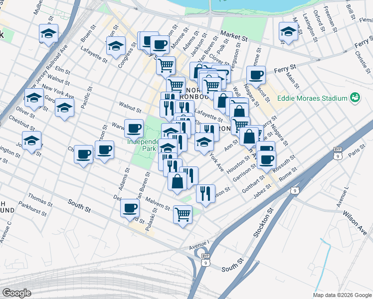 map of restaurants, bars, coffee shops, grocery stores, and more near 205 Warwick Street in Newark