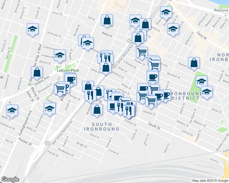map of restaurants, bars, coffee shops, grocery stores, and more near 123 Pennington Street in Newark