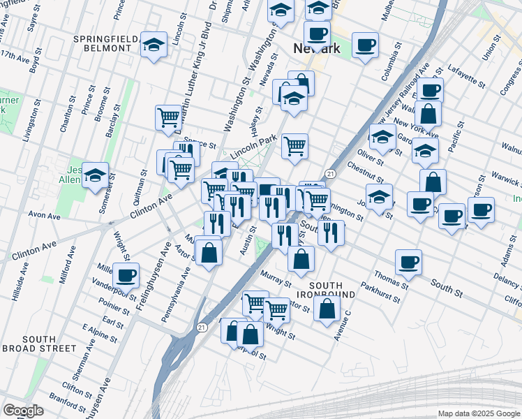 map of restaurants, bars, coffee shops, grocery stores, and more near 78 Thomas Street in Newark
