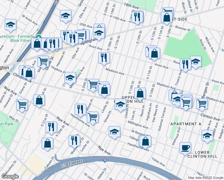 map of restaurants, bars, coffee shops, grocery stores, and more near in Newark
