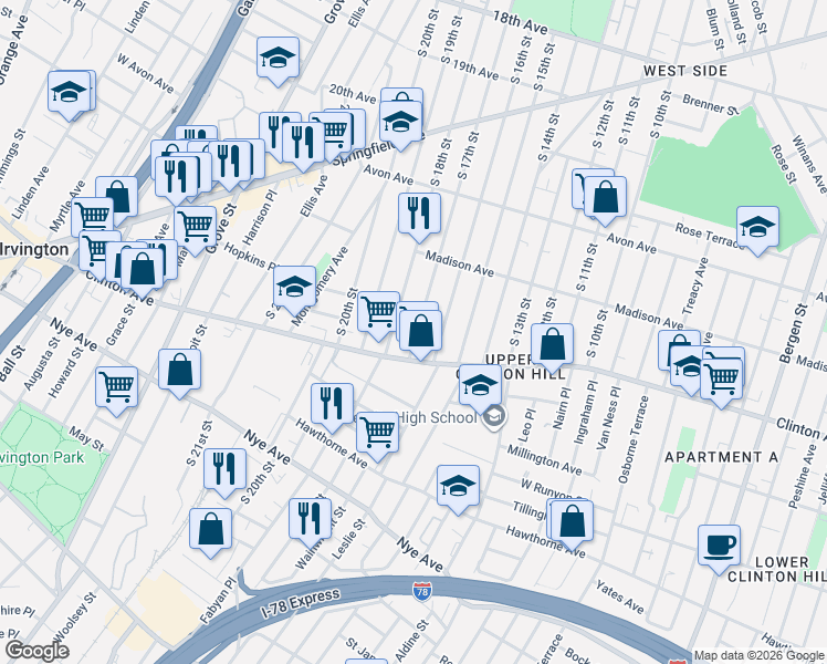 map of restaurants, bars, coffee shops, grocery stores, and more near 797-805 Clinton Avenue in Newark