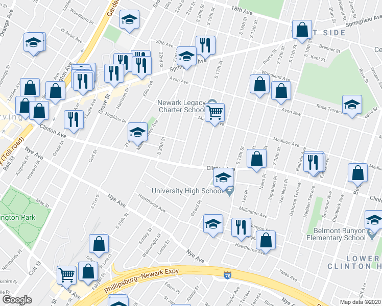 map of restaurants, bars, coffee shops, grocery stores, and more near 797-805 Clinton Avenue in Newark