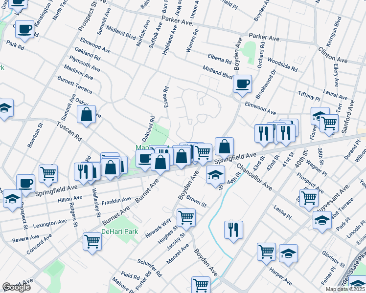 map of restaurants, bars, coffee shops, grocery stores, and more near 30 Boyden Parkway in Maplewood