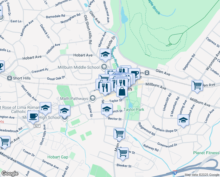 map of restaurants, bars, coffee shops, grocery stores, and more near 358c Millburn Avenue in Essex County