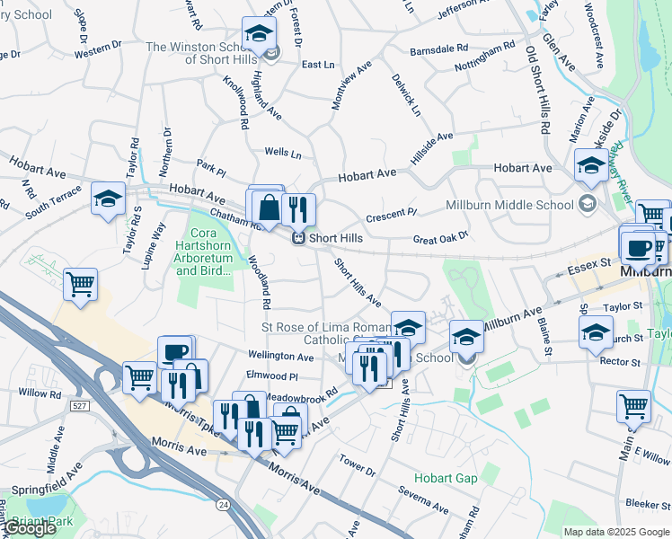 map of restaurants, bars, coffee shops, grocery stores, and more near 9 Overlook Terrace in Millburn