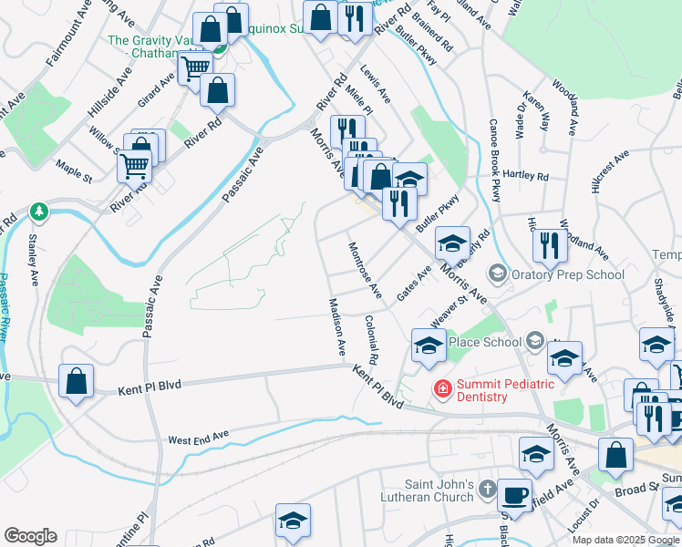 map of restaurants, bars, coffee shops, grocery stores, and more near 12 Webster Avenue in Summit