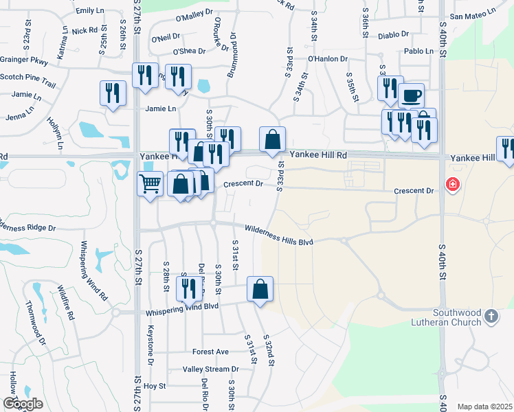 map of restaurants, bars, coffee shops, grocery stores, and more near 3130 Wilderness Hills Boulevard in Lincoln