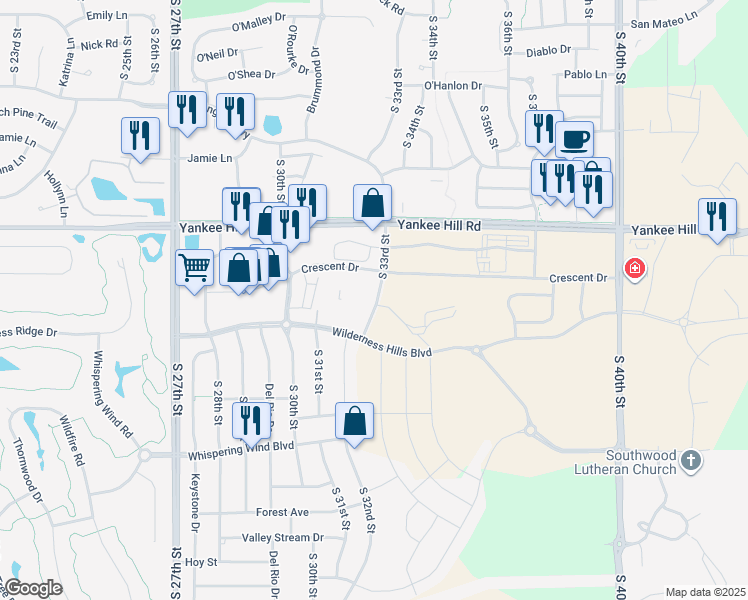 map of restaurants, bars, coffee shops, grocery stores, and more near 8801 South 33rd Street in Lincoln