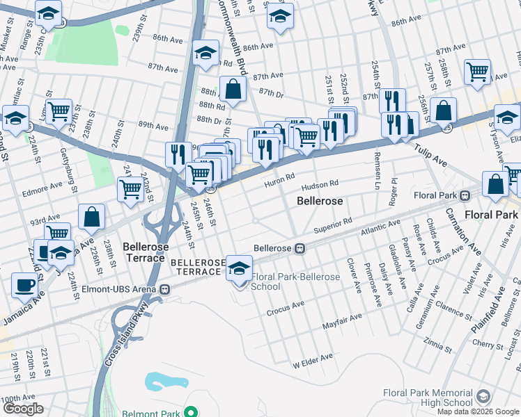 map of restaurants, bars, coffee shops, grocery stores, and more near 16 Massachusetts Boulevard in Floral Park