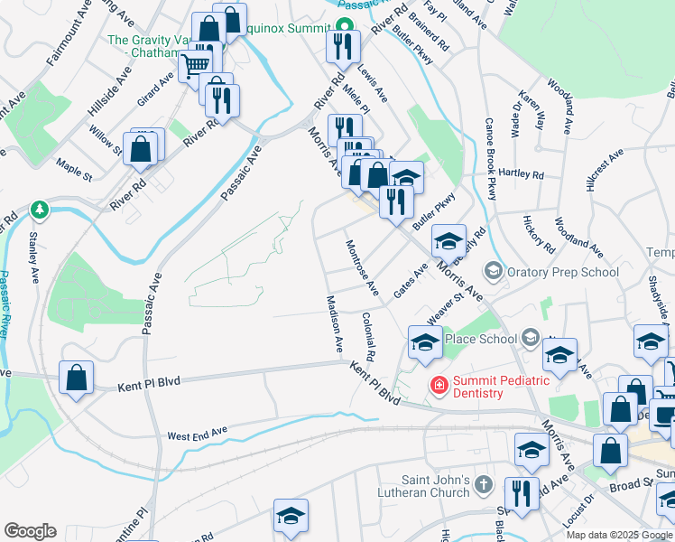 map of restaurants, bars, coffee shops, grocery stores, and more near 12 Webster Avenue in Summit