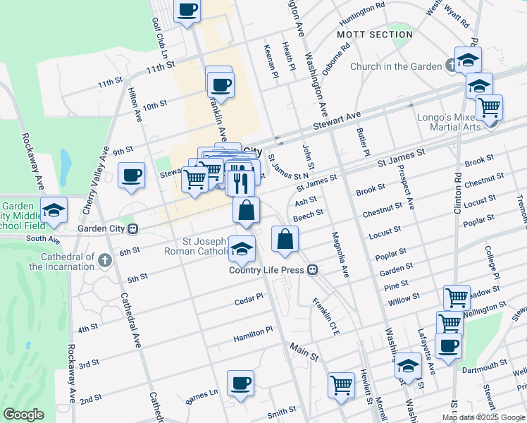 map of restaurants, bars, coffee shops, grocery stores, and more near 601 Franklin Avenue in Garden City