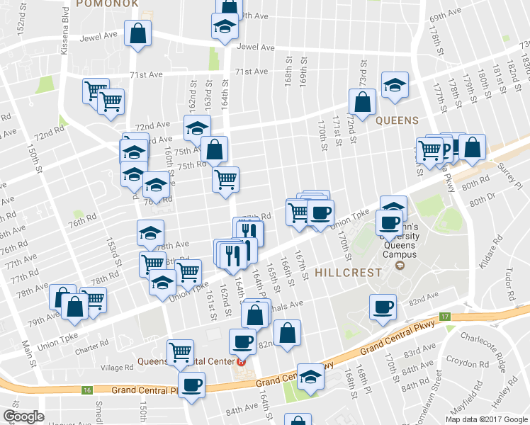 map of restaurants, bars, coffee shops, grocery stores, and more near 164-37 77th Road in Queens