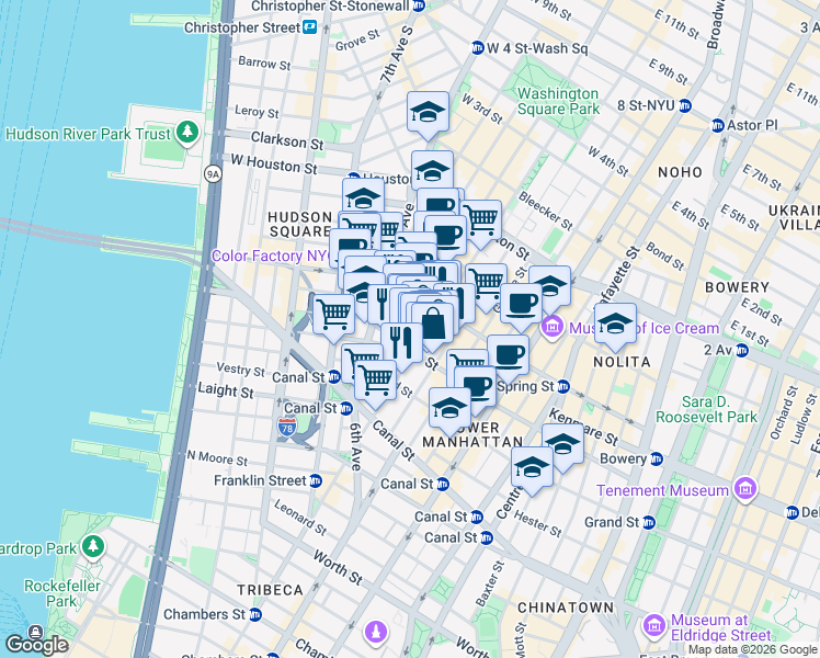 map of restaurants, bars, coffee shops, grocery stores, and more near 60 Thompson Street in New York