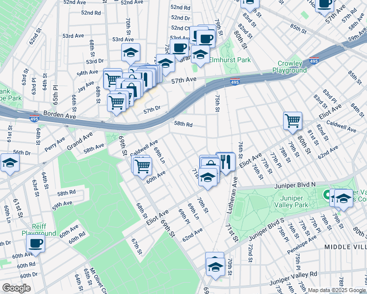 map of restaurants, bars, coffee shops, grocery stores, and more near 71-07 60th Avenue in Queens