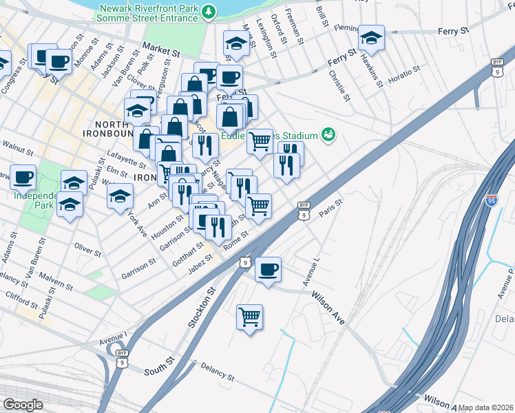 map of restaurants, bars, coffee shops, grocery stores, and more near 75 Rome Street in Newark