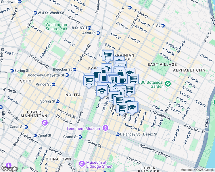 map of restaurants, bars, coffee shops, grocery stores, and more near 46 East 1st Street in New York