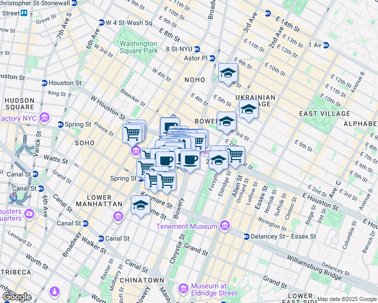 map of restaurants, bars, coffee shops, grocery stores, and more near 259 Elizabeth Street in New York