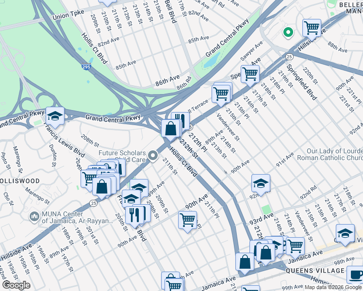 map of restaurants, bars, coffee shops, grocery stores, and more near 88-39 Hollis Court Boulevard in Queens