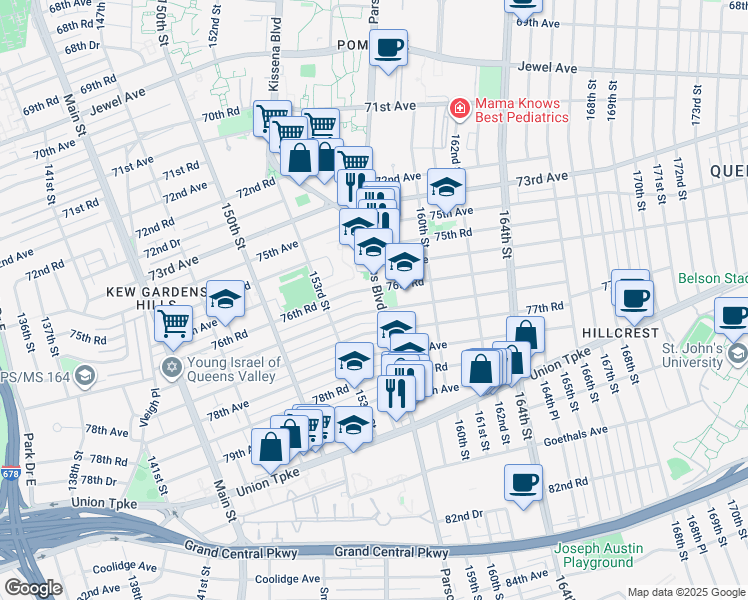 map of restaurants, bars, coffee shops, grocery stores, and more near 153-58 77th Avenue in Queens
