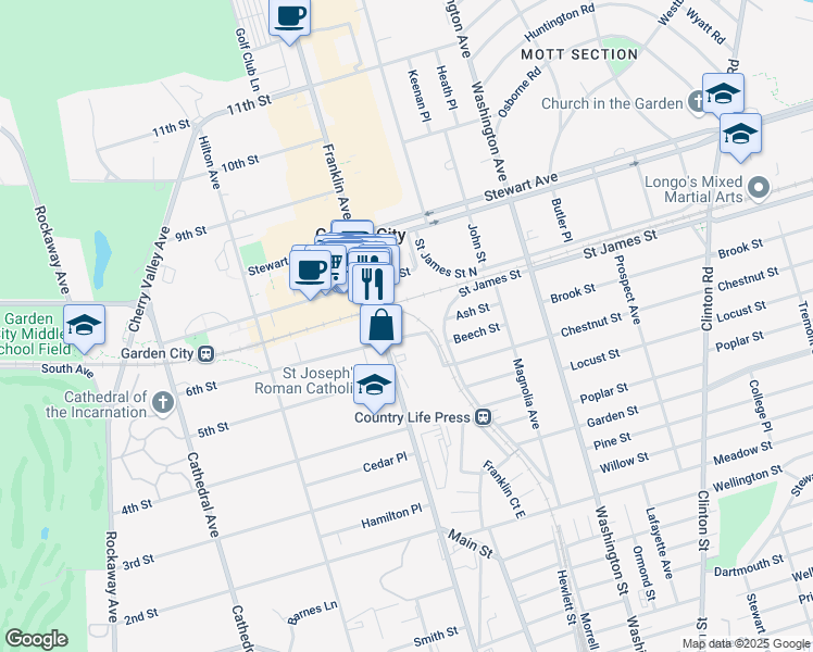 map of restaurants, bars, coffee shops, grocery stores, and more near 601 Franklin Avenue in Garden City
