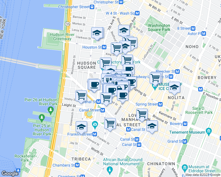 map of restaurants, bars, coffee shops, grocery stores, and more near Broome St & Sullivan St in New York