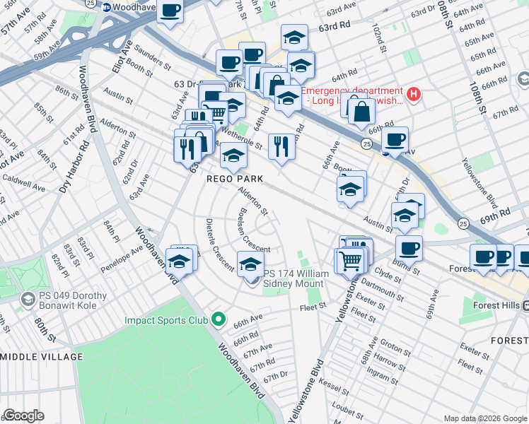 map of restaurants, bars, coffee shops, grocery stores, and more near 64-5 Alderton Street in Queens