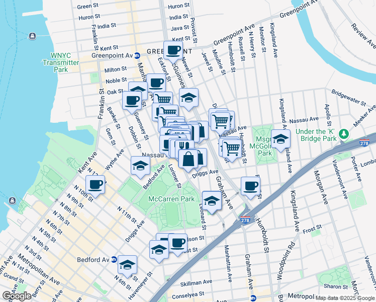 map of restaurants, bars, coffee shops, grocery stores, and more near Leonard Street & Nassau Avenue in Brooklyn
