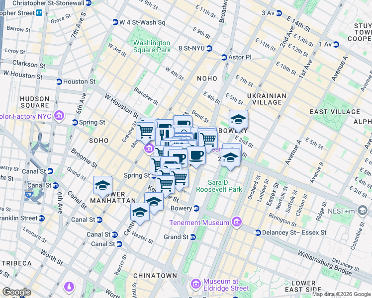 map of restaurants, bars, coffee shops, grocery stores, and more near 19 Prince Street in New York