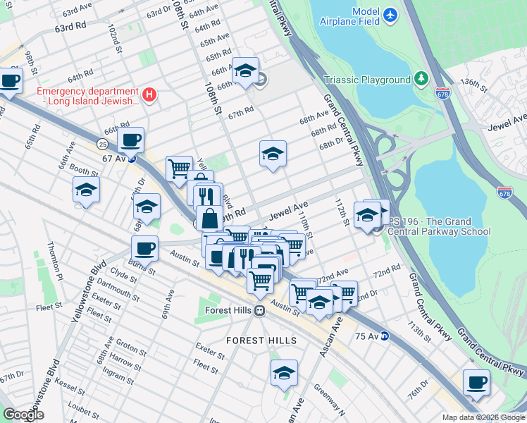 map of restaurants, bars, coffee shops, grocery stores, and more near 69-45 108th Street in Queens