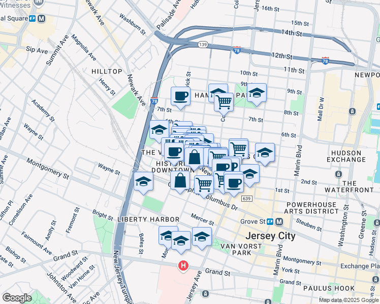 map of restaurants, bars, coffee shops, grocery stores, and more near 394 2nd Street in Jersey City