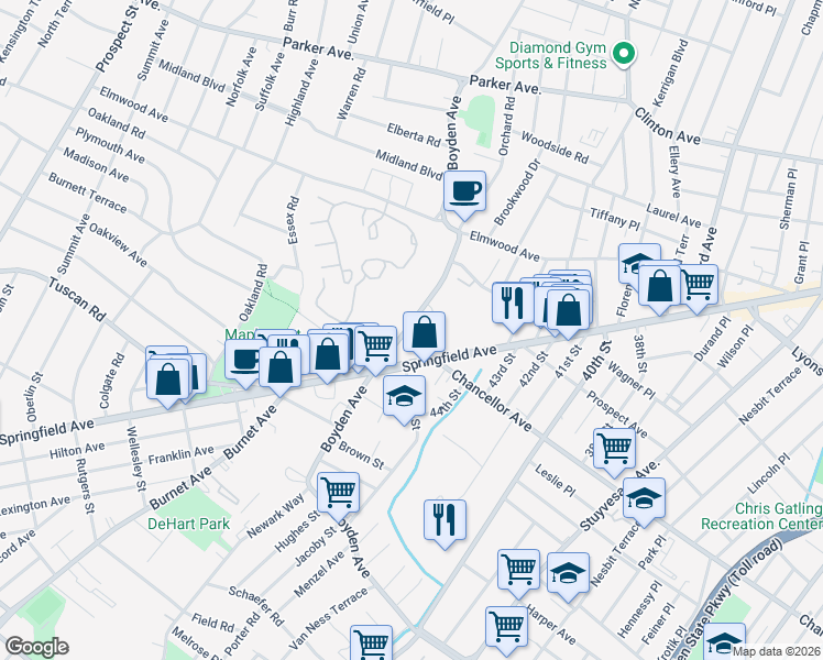 map of restaurants, bars, coffee shops, grocery stores, and more near 186 Boyden Avenue in Maplewood