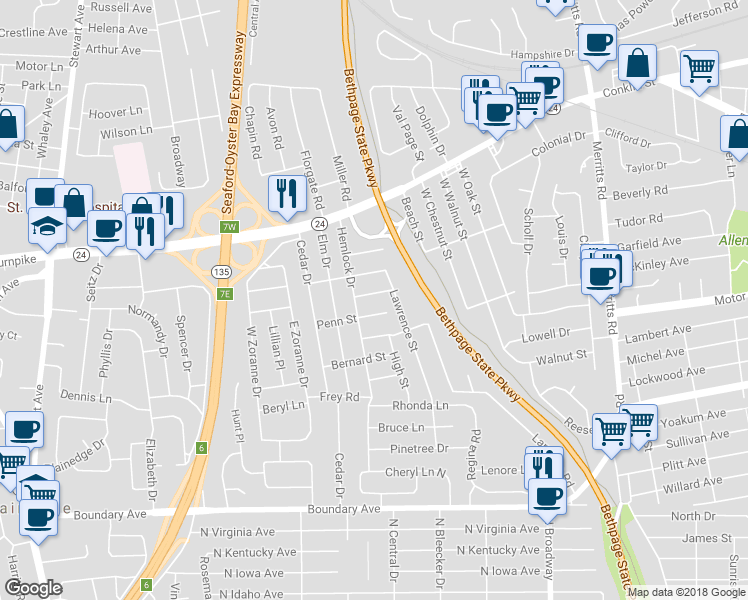 map of restaurants, bars, coffee shops, grocery stores, and more near 8 Harvard Place in Farmingdale