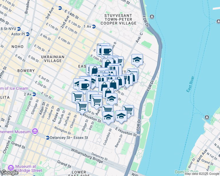map of restaurants, bars, coffee shops, grocery stores, and more near 226 East 7th Street in New York