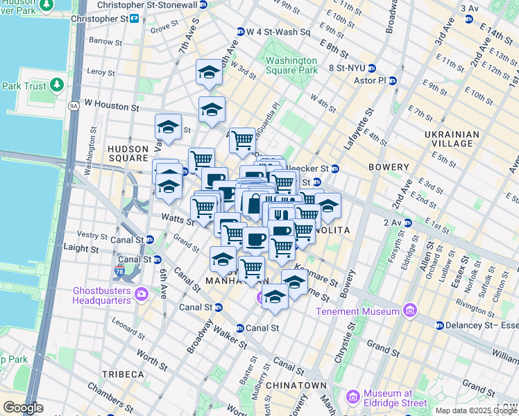 map of restaurants, bars, coffee shops, grocery stores, and more near 533 Broadway in New York