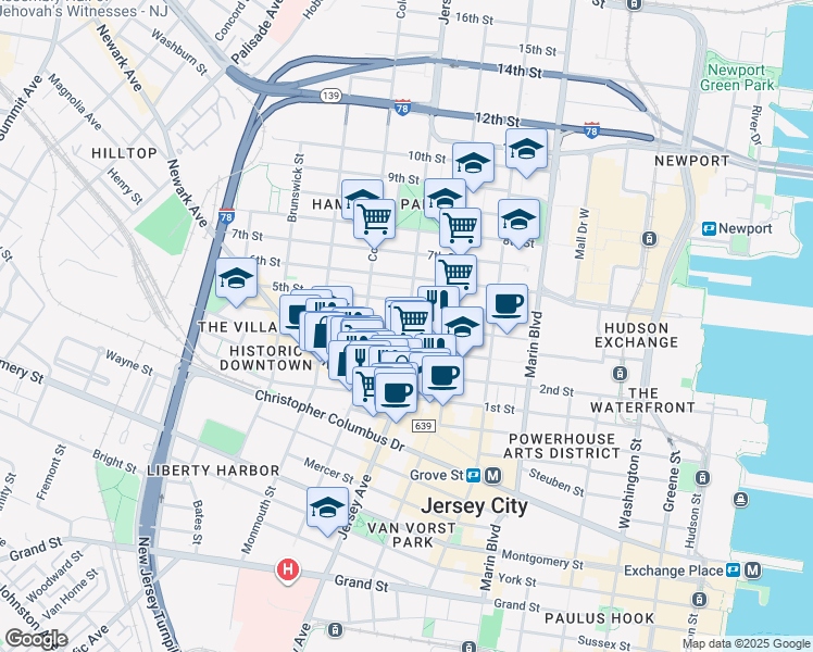 map of restaurants, bars, coffee shops, grocery stores, and more near Jersey Avenue & 4th Street in Jersey City