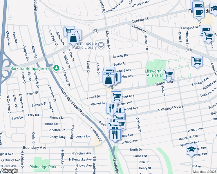 map of restaurants, bars, coffee shops, grocery stores, and more near 56 Cinque Drive in Farmingdale