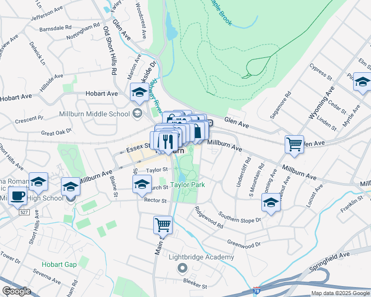 map of restaurants, bars, coffee shops, grocery stores, and more near 318 Millburn Avenue in Essex County