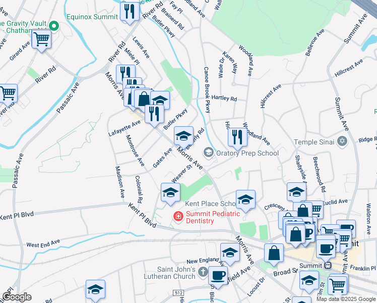 map of restaurants, bars, coffee shops, grocery stores, and more near 1 Beverly Road in Summit