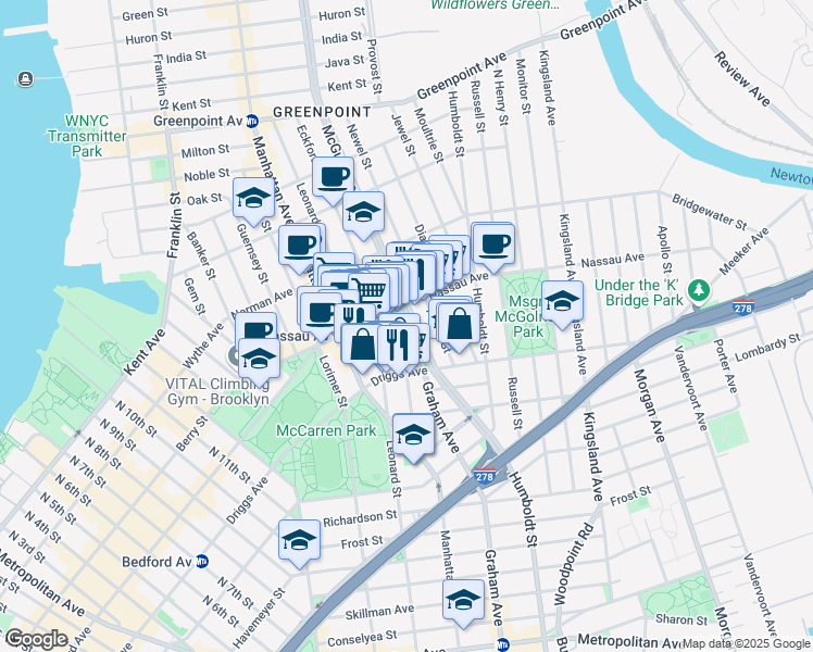 map of restaurants, bars, coffee shops, grocery stores, and more near 45 McGuinness Boulevard in Brooklyn