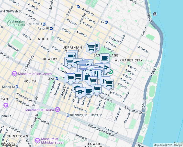 map of restaurants, bars, coffee shops, grocery stores, and more near 173 East 3rd Street in New York