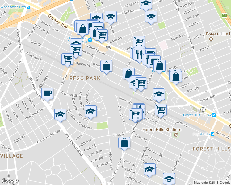 map of restaurants, bars, coffee shops, grocery stores, and more near 66-10 Thornton Place in Queens