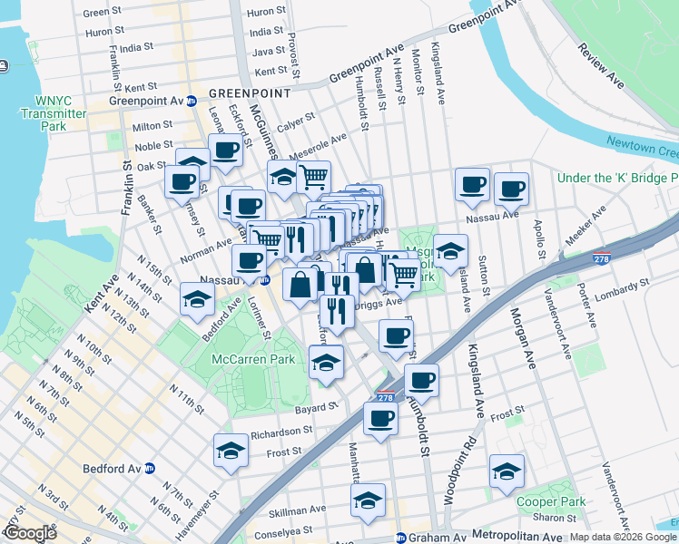 map of restaurants, bars, coffee shops, grocery stores, and more near 21 Newel Street in Brooklyn