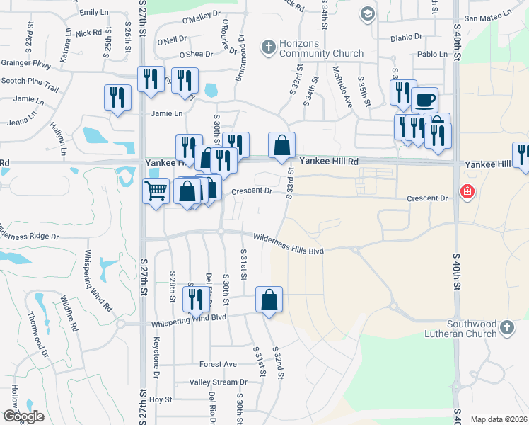 map of restaurants, bars, coffee shops, grocery stores, and more near 8801 South 33rd Street in Lincoln