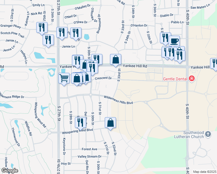 map of restaurants, bars, coffee shops, grocery stores, and more near 8801 South 33rd Street in Lincoln