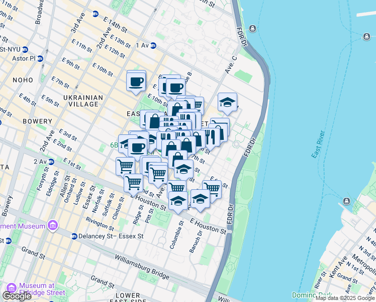map of restaurants, bars, coffee shops, grocery stores, and more near 19 Loisaida Avenue in New York