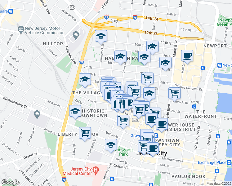 map of restaurants, bars, coffee shops, grocery stores, and more near 49 Coles Street in Jersey City