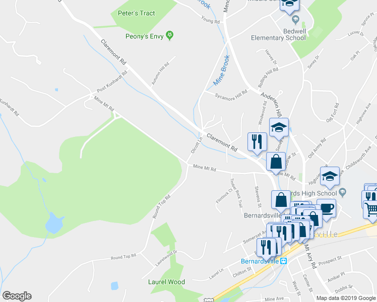map of restaurants, bars, coffee shops, grocery stores, and more near 10 Olcott Lane in Bernardsville
