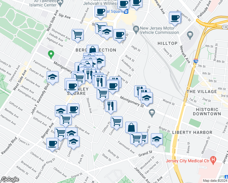 map of restaurants, bars, coffee shops, grocery stores, and more near 646 Montgomery Street in Jersey City