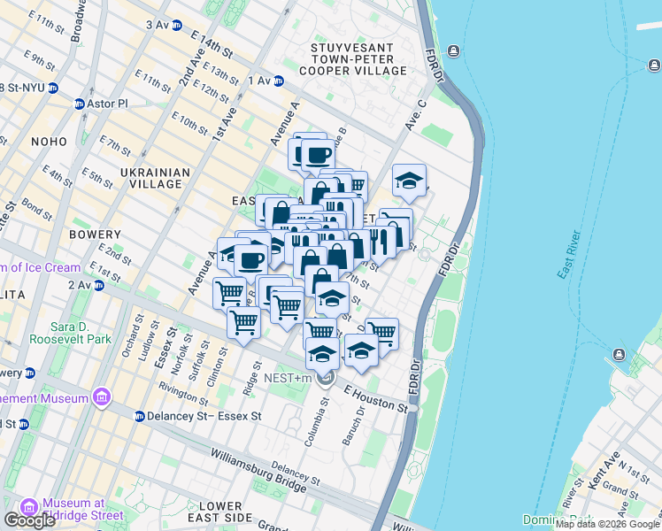 map of restaurants, bars, coffee shops, grocery stores, and more near Avenue C & E 7th St in New York