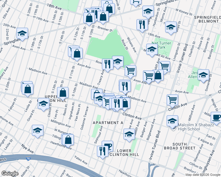 map of restaurants, bars, coffee shops, grocery stores, and more near 59 Seymour Avenue in Newark